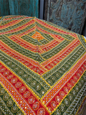 Earthy Tapestry Green Red Embroidered Bed Throw, Headboard Indian Tapestry