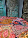 Pink Blue Embroidered Bed Throw, Wall Decor Headboard Indian Tapestry