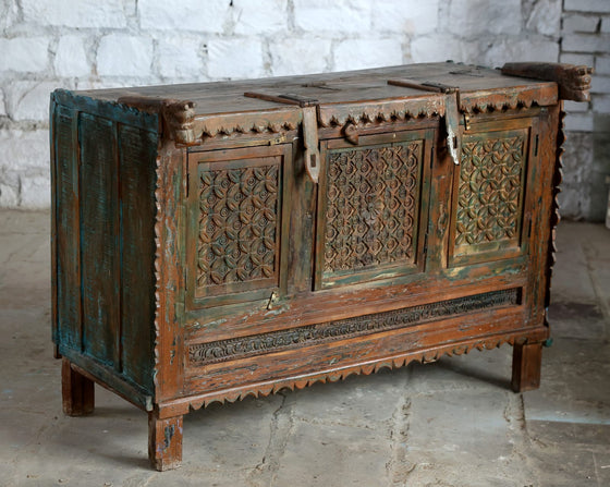 Antique Damchiya Carved Dowry Chest Vintage Accent Bar Table Console 52