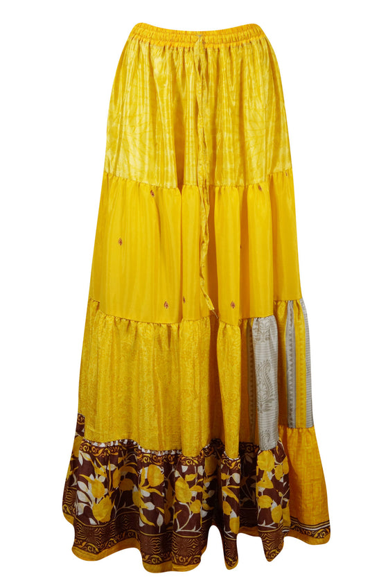 Womens butterscotch Yellow Beach Maxi Skirt Patchwork Boho Skirts S/M