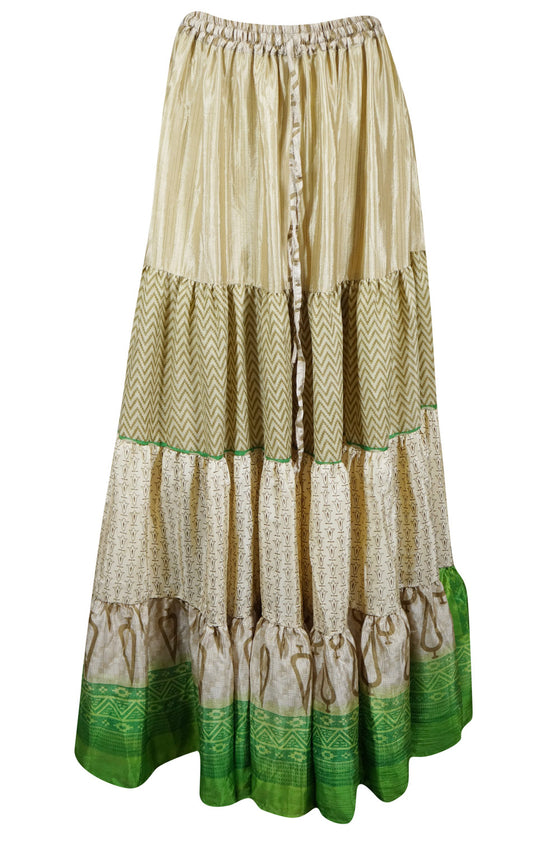 Womens Beige Green Beach Maxi Skirt Patchwork Boho Skirts S/M