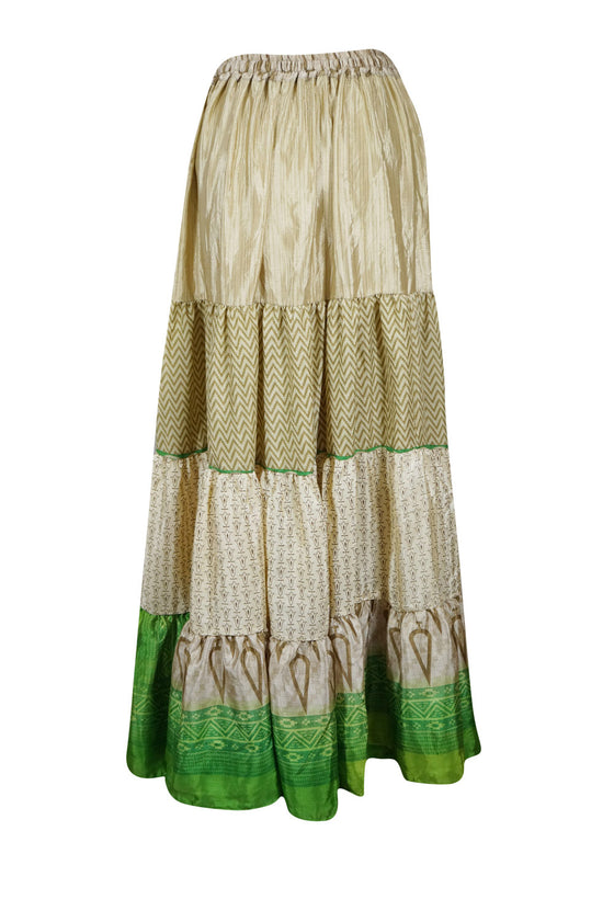 Womens Beige Green Beach Maxi Skirt Patchwork Boho Skirts S/M