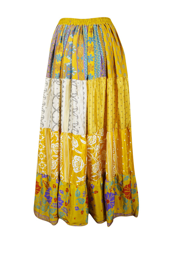 Womens Boho Skirt Honey Yellow Beach Maxi Skirt Patchwork Boho Skirts S/M