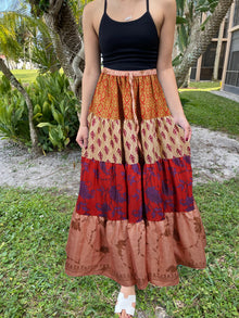  Womens Red Orange Floral Patchwork Boho Maxi Skirt Beach Style S/M