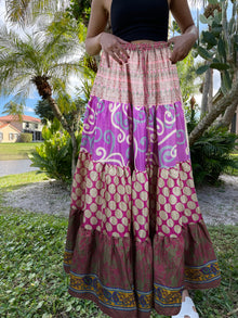  Womens Light Purple Floral Beach Maxi Skirt Patchwork Boho Skirts S/M