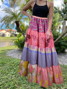  Womens Flamingo Pink Floral Beach Maxi Skirt Patchwork Boho Skirts S/M