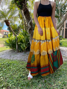  Womens Golden Yellow Beach Maxi Skirt Patchwork Boho Skirts S/M