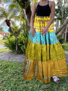 Womens Green Yellow Floral Beach Long Skirt Patchwork Boho Skirts S/M