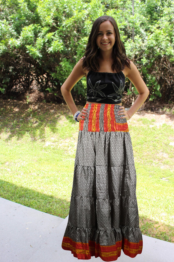 Womens Black, Red Stylish Beach Maxi Skirt Patchwork Boho Skirts S/M