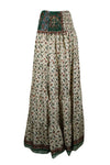 Women's Skirt Beige Green Leaf printed Long Skirt Patchwork Boho Skirts S/M