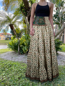  Womens Beige, Green Leaf printed Long Skirt Patchwork Boho Skirts S/M