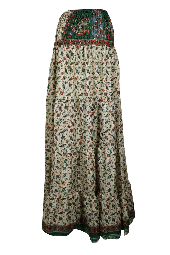 Women's Skirt Beige Green Leaf printed Long Skirt Patchwork Boho Skirts S/M