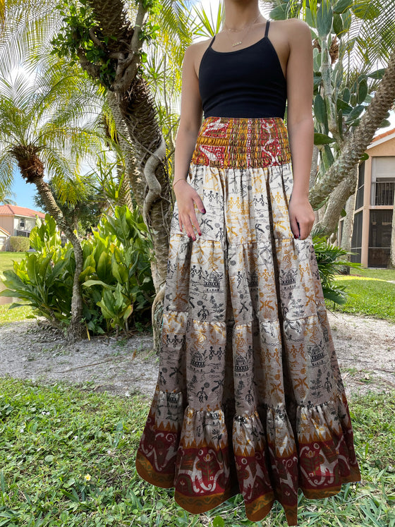 Womens White, Brown  printed Long Skirt Patchwork Boho Skirts S/M