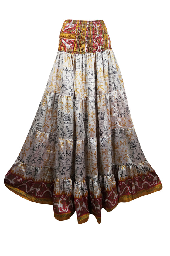 Womens White, Brown  printed Long Skirt Patchwork Boho Skirts S/M