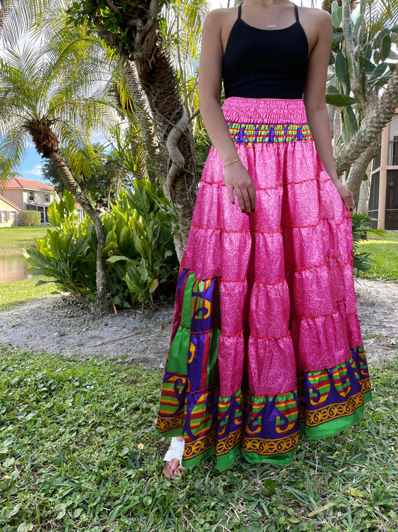 Womens Barbie Pink Floral Beach Maxi Skirt Patchwork Boho Skirts S/M