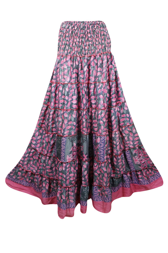 Womens Pink Gray Floral Beach Maxi Skirt Patchwork Boho Skirt Dress S/M