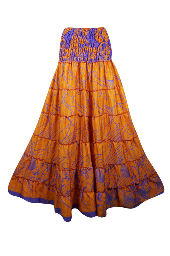 Summer Orange Floral Beach Maxi Skirt Patchwork Boho Skirt Dress S/M