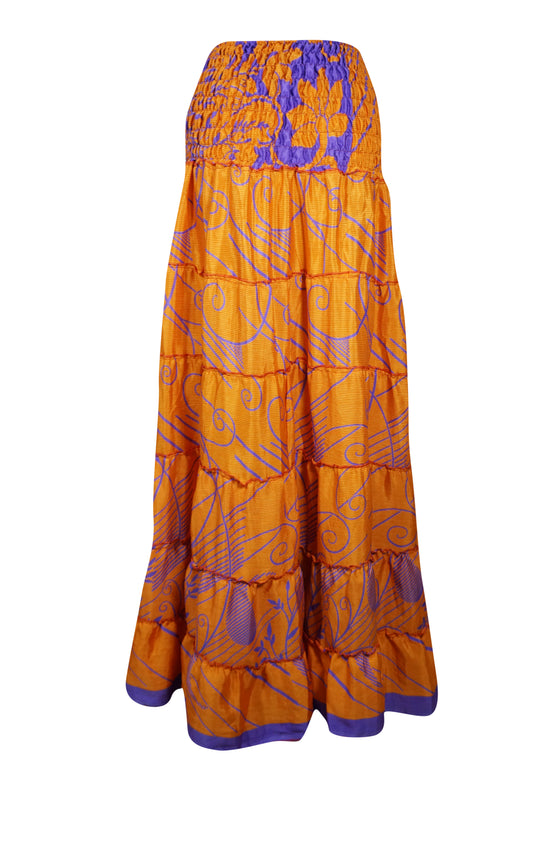 Summer Orange Floral Beach Maxi Skirt Patchwork Boho Skirt Dress S/M