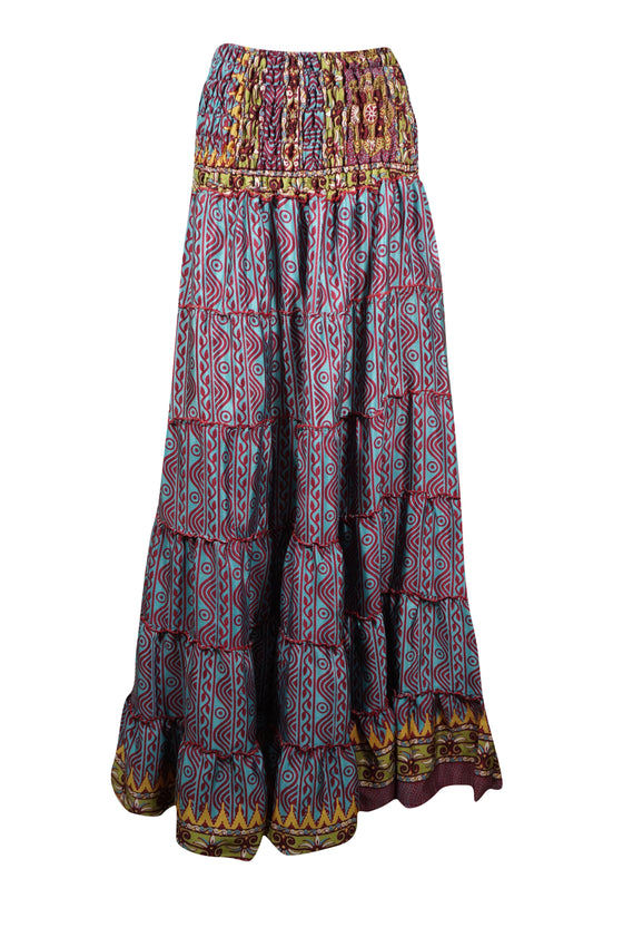 Summer Blue, Red Floral Beach Maxi Skirt Patchwork Boho Skirt Dress S/M