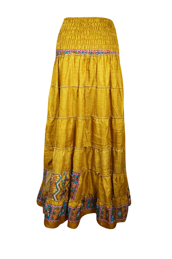 Womens Harvest Gold Floral Beach Maxi Skirt Patchwork Boho Skirt Dress S/M