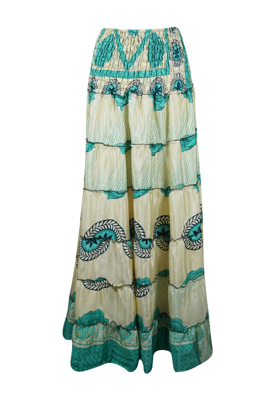 Womens Sea Blue Printed  Beach Maxi Skirt Patchwork Boho Skirt Dress S/M