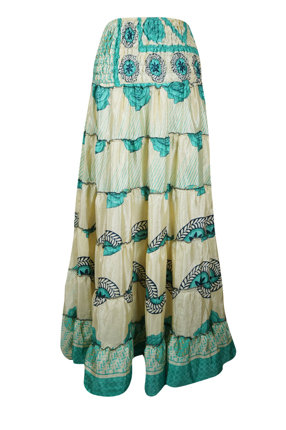 Womens Sea Blue Printed  Beach Maxi Skirt Patchwork Boho Skirt Dress S/M