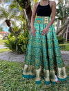 Womens Pine Green Floral  Beach Maxi Skirt Patchwork Boho Skirt Dress S/M