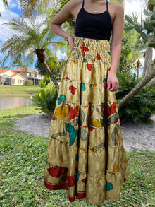  Womens Metallic Gold Floral Beach Maxi Skirt Patchwork Boho Skirt Dress S/M