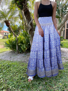  Bohemian Neon Blue Floral Beach Maxi Skirt Stylish Boho Skirt Dress S/M