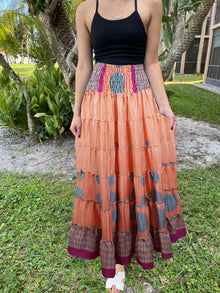  Bohemian Peach Summer Beach Maxi Skirt Stylish Boho Skirt Dress S/M