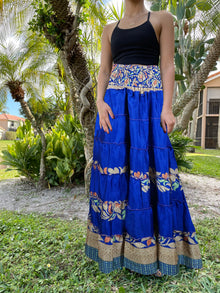  Bohemian Navy Blue Floral Beach Maxi Skirt Stylish Boho Skirt Dress S/M