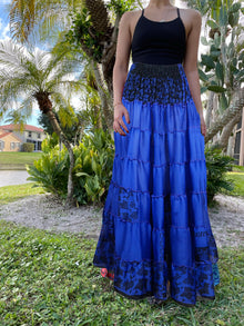  Bohemian Navy Blue Floral Beach Maxi Skirt Stylish Boho Skirt Dress S/M