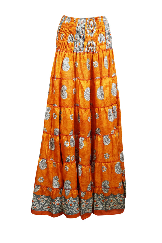 Bohemian Orange Floral Summer Beach Maxi Skirt Stylish Boho Skirt Dress S/M