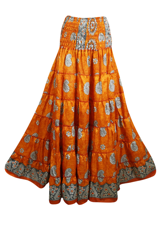 Bohemian Orange Floral Summer Beach Maxi Skirt Stylish Boho Skirt Dress S/M