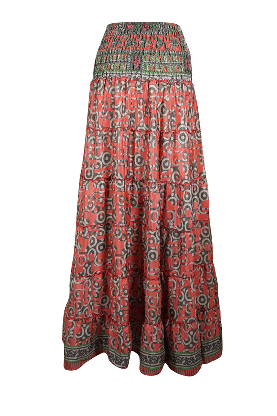 Summer Coral Pink Floral Beach Maxi Skirt Patchwork Boho Skirt Dress S/M