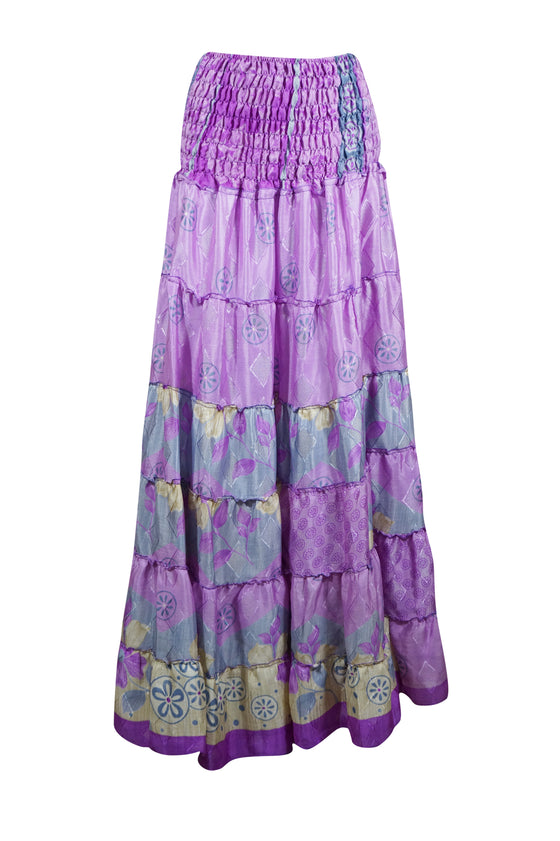 Summer Purple Floral Beach Maxi Skirt Patchwork Boho Skirt Dress S/M