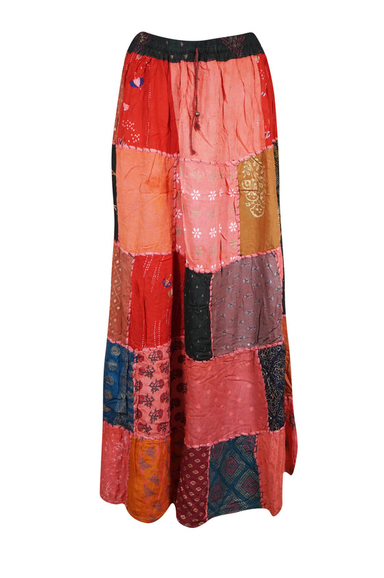 Handmade Coral Pink Patchwork Boho Maxi Skirt – Vibrant & Free-Spirited S/M/L