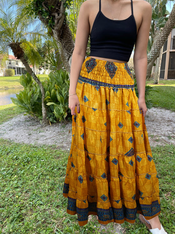 Bohemian Gold Yellow Summer Beach Maxi Skirt Stylish Boho Skirt Dress S/M