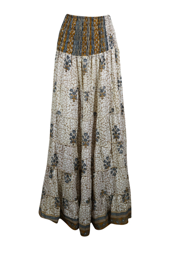 Bohemian Beige Floral Summer Beach Maxi Skirt Stylish Boho Skirt Dress S/M