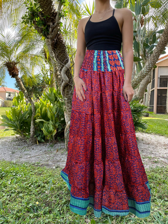 Bohemian Rose Red Floral Beach Maxi Skirt Stylish Boho Skirt Dress S/M