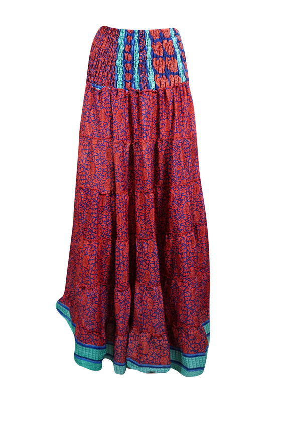 Bohemian Rose Red Floral Beach Maxi Skirt Stylish Boho Skirt Dress S/M