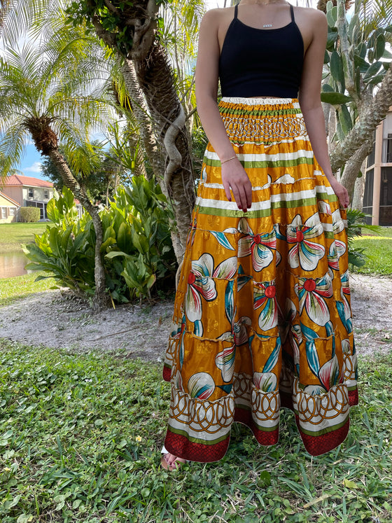 Womens Tuscany Yellow Floral Beach Maxi Skirt Patchwork Boho Skirt Dress S/M