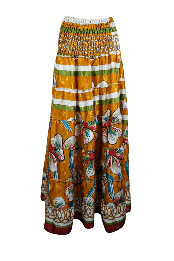 Womens Tuscany Yellow Floral Beach Maxi Skirt Patchwork Boho Skirt Dress S/M