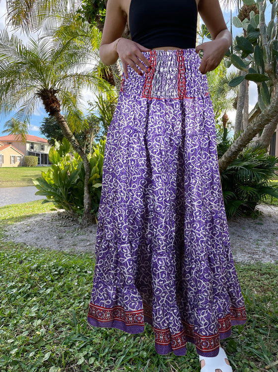 Summer Purple Floral Beach Maxi Skirt Patchwork Boho Skirt Dress S/M