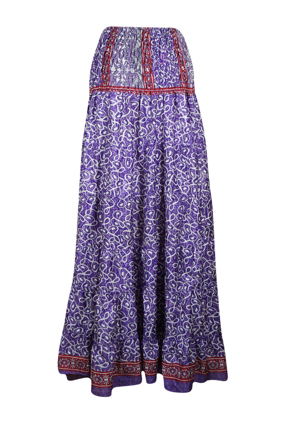 Summer Purple Floral Beach Maxi Skirt Patchwork Boho Skirt Dress S/M