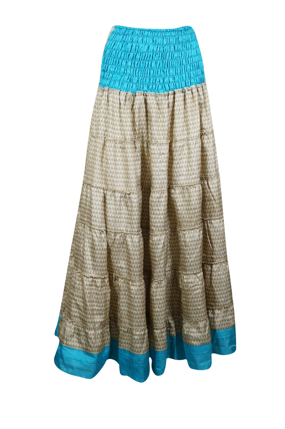 Womens Beige, Blue Stylish  Beach Maxi Skirt Patchwork Boho Skirt Dress S/M