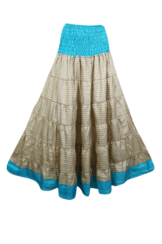 Womens Beige, Blue Stylish  Beach Maxi Skirt Patchwork Boho Skirt Dress S/M