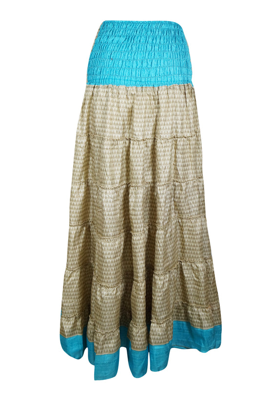 Womens Beige, Blue Stylish  Beach Maxi Skirt Patchwork Boho Skirt Dress S/M