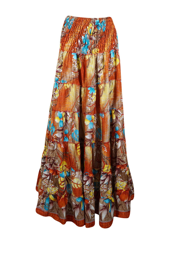 Womens Fire Orange Floral Beach Maxi Skirt Patchwork Boho Skirt Dress S/M