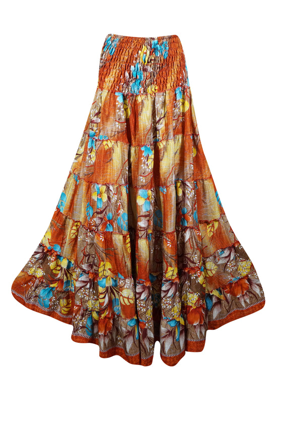 Womens Fire Orange Floral Beach Maxi Skirt Patchwork Boho Skirt Dress S/M